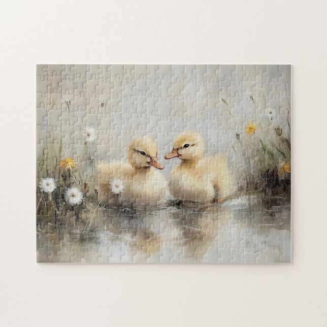 Puzzle Watercolor Ducklings Dandelion Flowers (Horizontal)