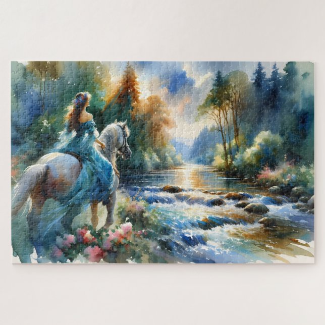 Puzzle Watercolor Forest River Horsewoman Dreamscape (Horizontal)