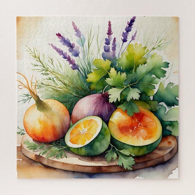 Puzzle Watercolor Fresh Herbs Citrus Arrangement (Vertical)