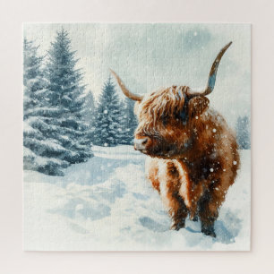 Puzzle Watercolor Highland Cow Winter Scene