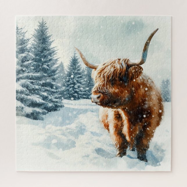 Puzzle Watercolor Highland Cow Winter Scene (Vertical)