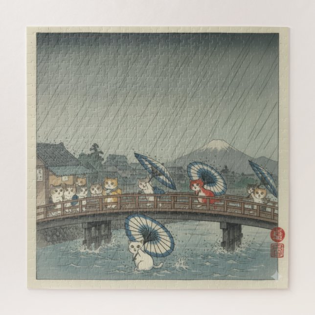 Puzzle Watercolor Japanese Kittens & Rain Shower Parody  (Vertical)