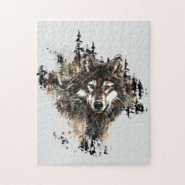 Puzzle Watercolor Mountain Gray Wolf Head Animal (Vertical)