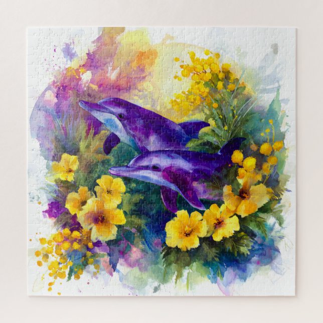 Puzzle Watercolor Ocean Dolphins Tropical Flowers (Vertical)
