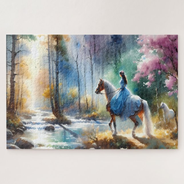 Puzzle Watercolor River Horsewoman Forest Light (Horizontal)