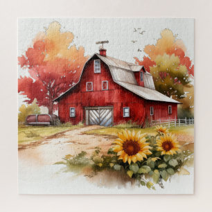 Puzzle Watercolor Rústico Bar Rojo Con Sunflowers