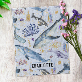 Puzzle Watercolor Sea Life Ballenas Faux Purpurina Name G