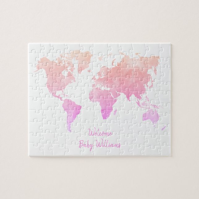 Puzzle Watercolor World Map Baby Shower Guest Book (Horizontal)