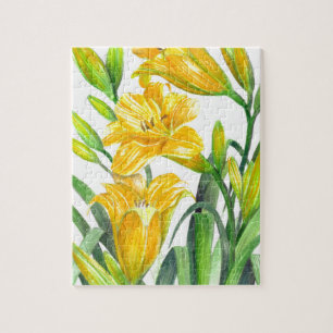 Puzzle Watercolor Yellow Day Lilies Floral Illustration