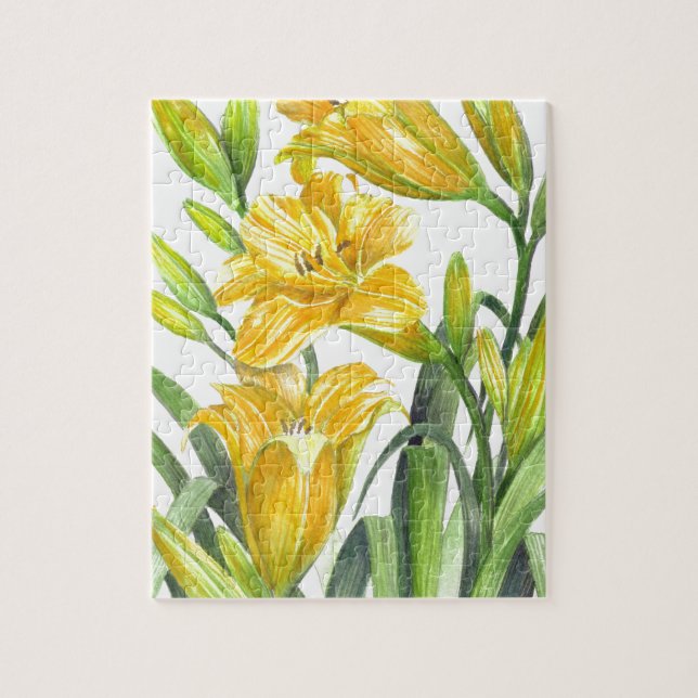 Puzzle Watercolor Yellow Day Lilies Floral Illustration (Vertical)