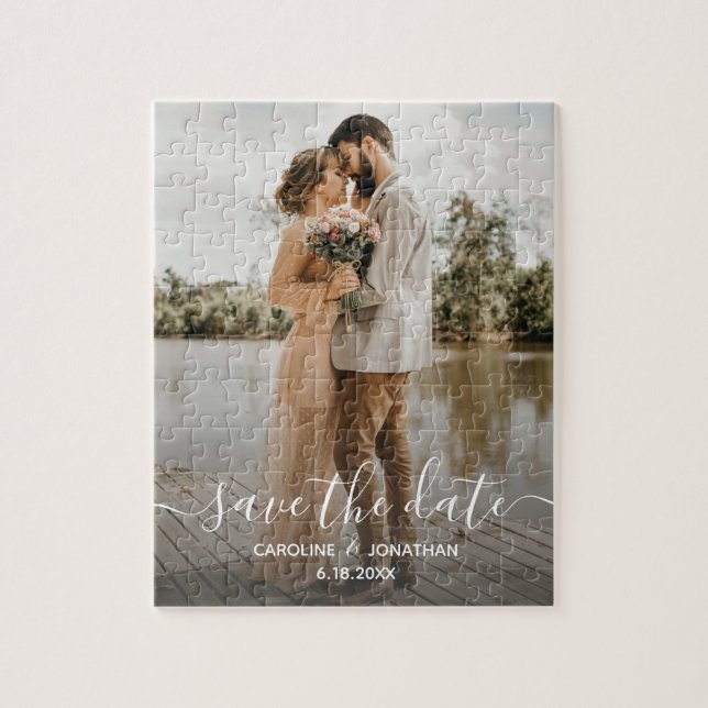 Puzzle Wedding Save the Date Photo Script Calligraphy (Vertical)