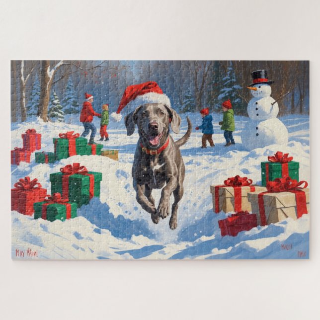 Puzzle Weimaraner corre en Nieve con Gorra Navidad (Horizontal)
