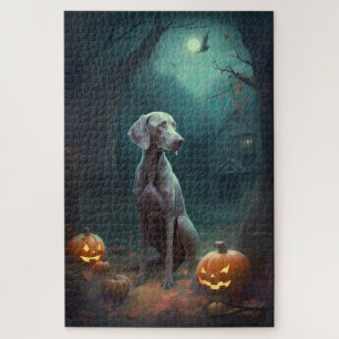 Puzzle Weimaraner de Halloween con calabazas aterradoras