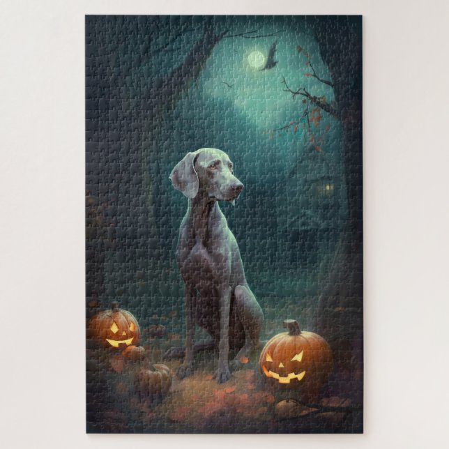 Puzzle Weimaraner de Halloween con calabazas aterradoras (Vertical)