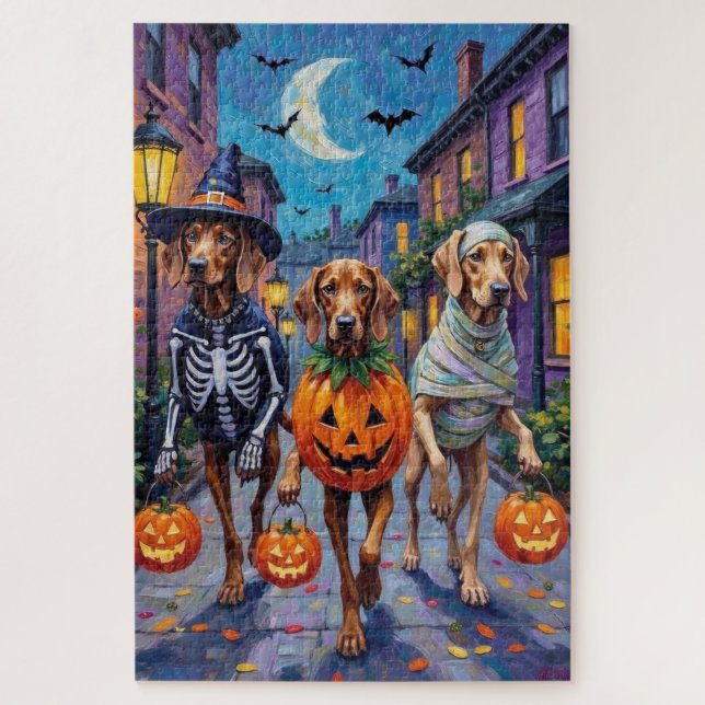 Puzzle Weimaraner pidiendo dulces con disfraces de Hallow (Vertical)