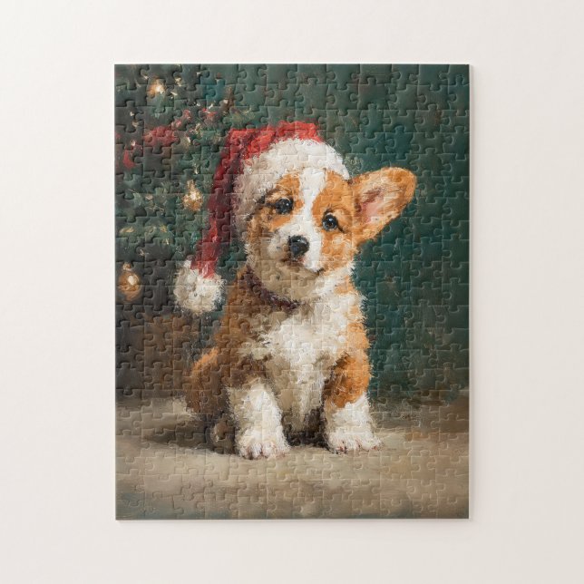 Puzzle Welsh Corgi Puppy Christmas Painting (Vertical)