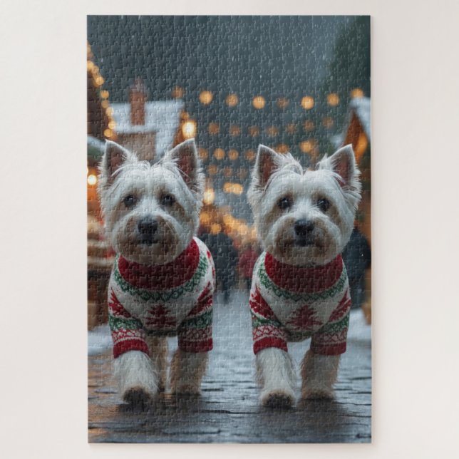 Puzzle West Highland White Terrier Dogs Christmas Snow  (Vertical)