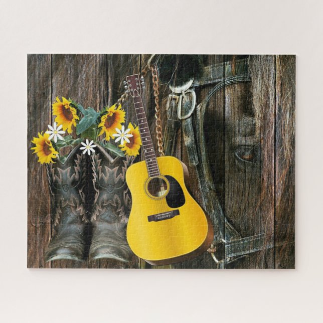 Puzzle Western Horse Cowboy boots Guitar Sunflowers (Horizontal)