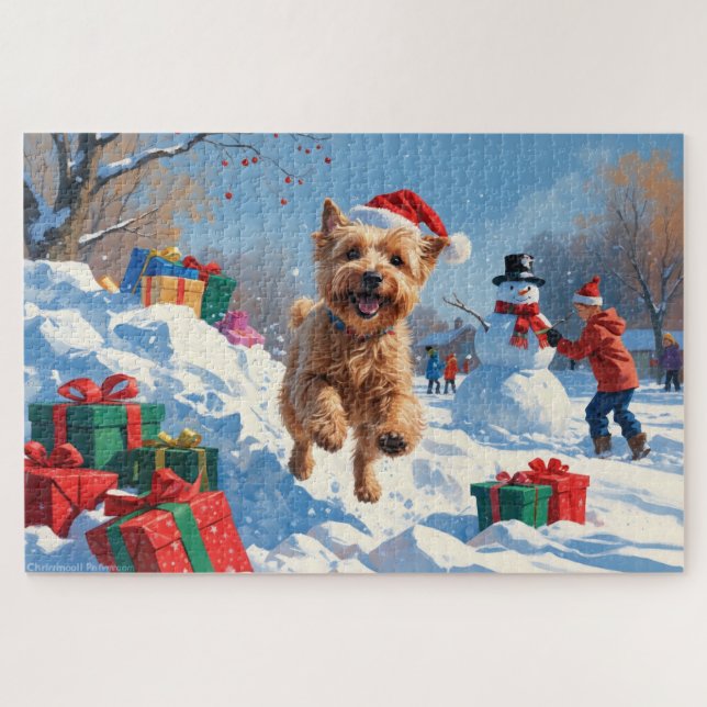 Puzzle Wheaten Terrier Running in Snow with Navidades Gor (Horizontal)