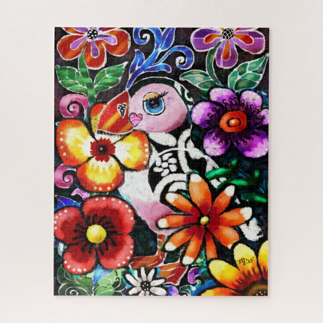 Puzzle Whimsical Abstract Puffin Bird In Flowers (Vertical)
