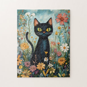 Puzzle Whimsical Black Cat con Ilustracion de flores silv