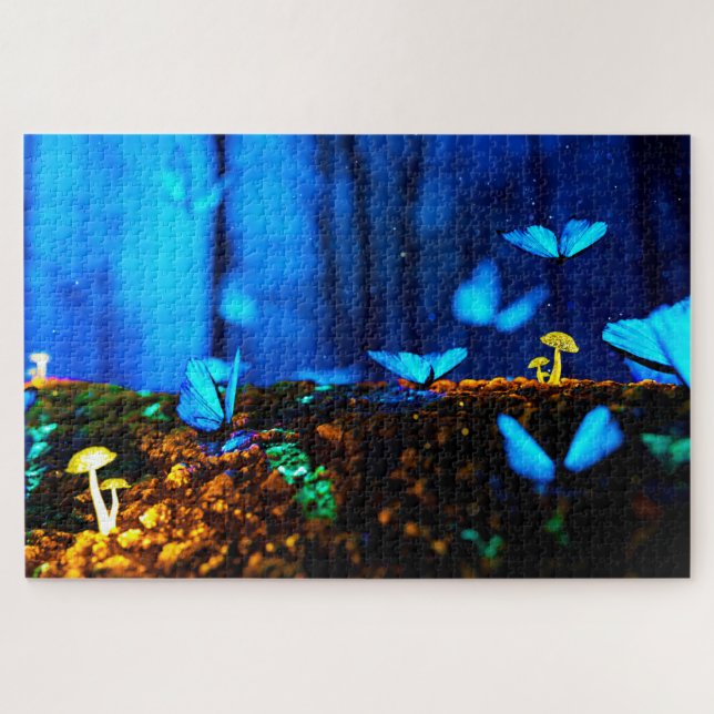 Puzzle Whimsical Blue Butterflies Mushrooms Forest (Horizontal)