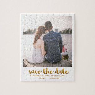 Puzzle Whimsical Brush Script Photo Save the Date Gold