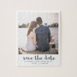 Puzzle Whimsical Brush Script Photo Save the Date Gray
