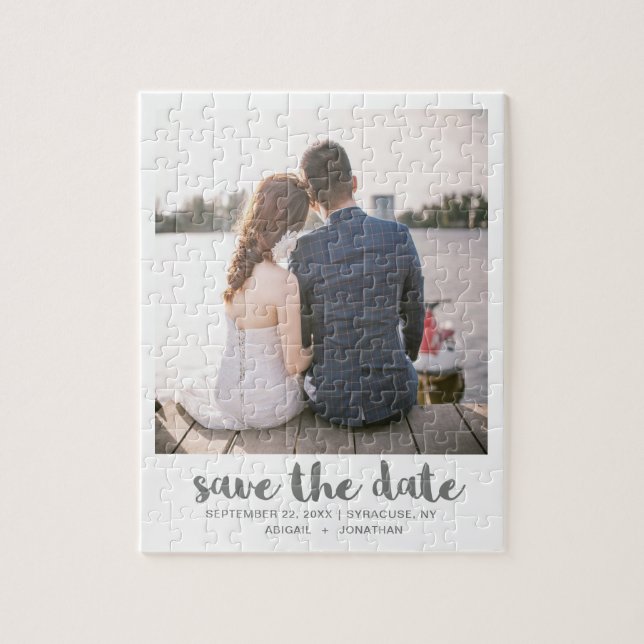 Puzzle Whimsical Brush Script Photo Save the Date Gray (Vertical)
