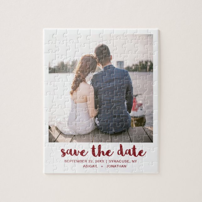 Puzzle Whimsical Brush Script Photo Save the Date Red (Vertical)