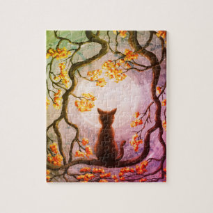 Puzzle Whimsical Cat in Tree Full Moon Painting Art