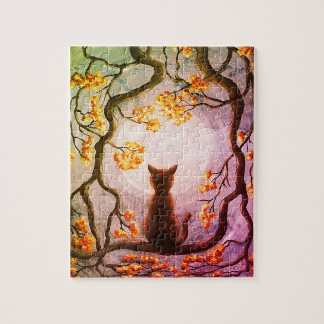 Puzzle Whimsical Cat in Tree Full Moon Painting Art (Vertical)