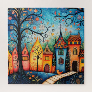 Puzzle Whimsical Colorous Watercolor Village