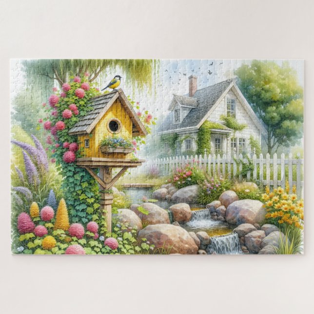 Puzzle Whimsical Cottage Garden Birdhouse Stream (Horizontal)