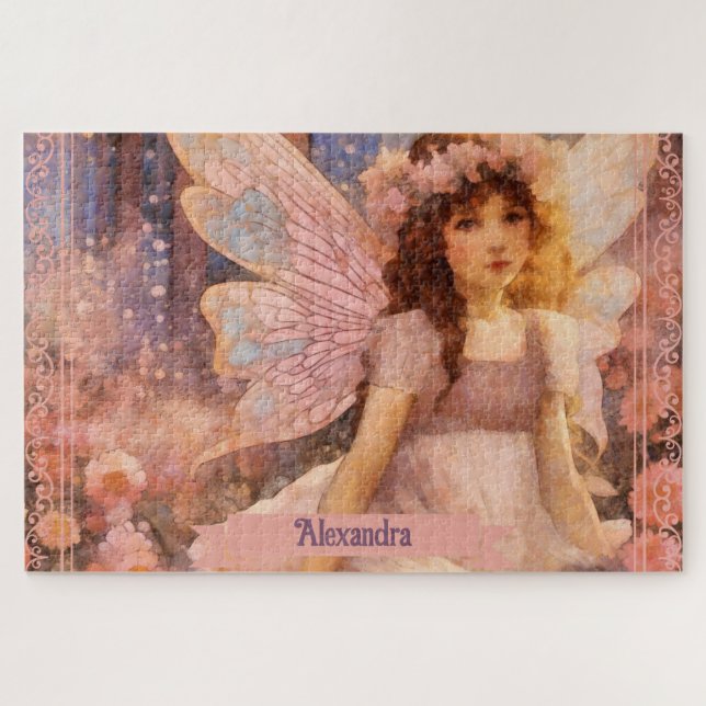 Puzzle Whimsical Fairy in Dreamy Pink Floral Garden (Horizontal)