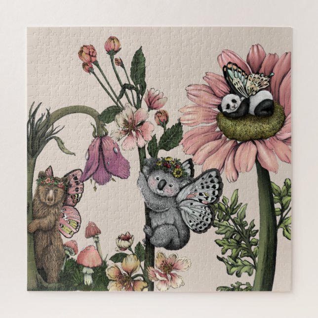 Puzzle Whimsical Floral Bear Fairies Watercolor Art (Vertical)