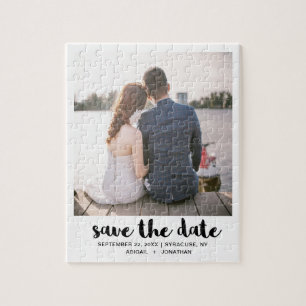Puzzle Whimsical Script Photo Save the Date Black