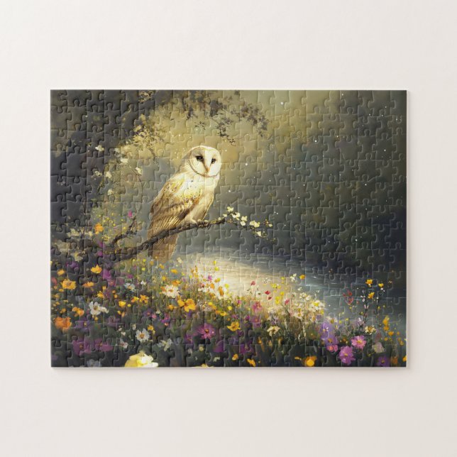 Puzzle Whimsical Snowy White Owu Wildflowers Art (Horizontal)