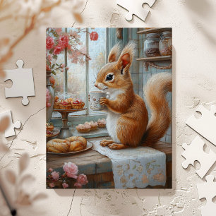 Puzzle Whimsical Squirrel Bebiendo té Café Arte