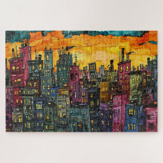 Puzzle Whimsical Sunset Cityscape - Acuarela
