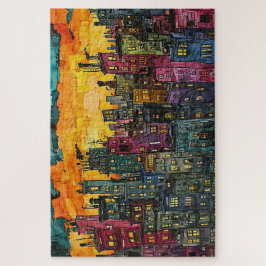 Puzzle Whimsical Sunset Cityscape - Acuarela