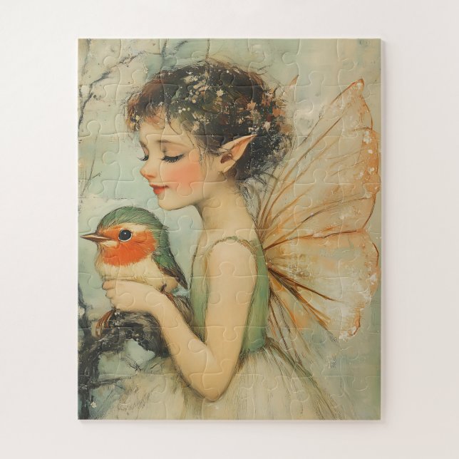 Puzzle Whimsical Vintage Christmas Fairy con Robin (Vertical)