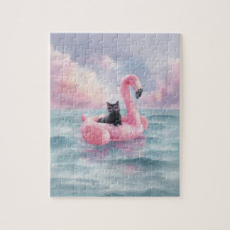 Puzzle Whimsical Watercolor Negro Cat Flamingo Float