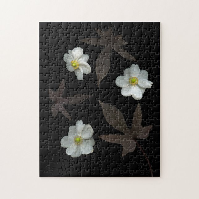 Puzzle White Flowers Dark Leaves on Solid Black (Vertical)