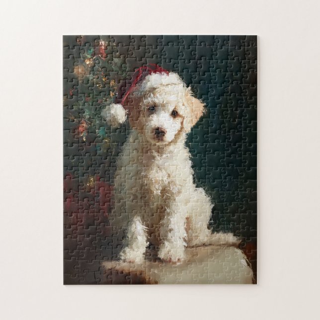 Puzzle White Poodle Puppy Christmas Painting (Vertical)