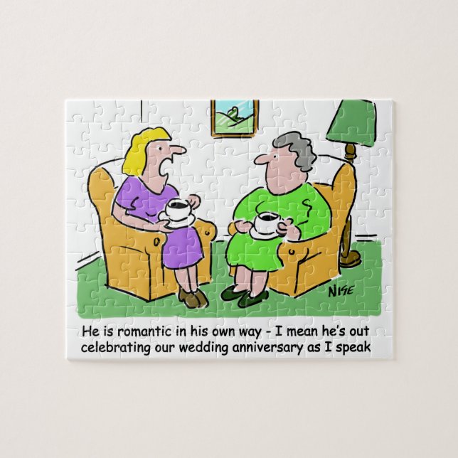 Puzzle Wife with Friend Discussing Husband Cartoon (Horizontal)