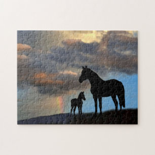 Puzzle Wild Mustang Mare and Foal With Rainbow