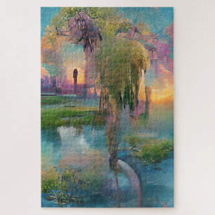 Puzzle Willow y la glicinia junto al estanque al atardece