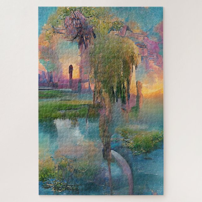 Puzzle Willow y la glicinia junto al estanque al atardece (Vertical)