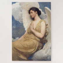 Winged angel figure sleeping dreaming on clouds